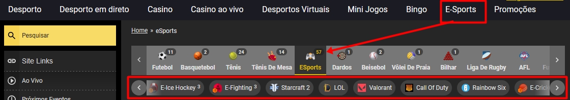 Escolha de esportes com eSport